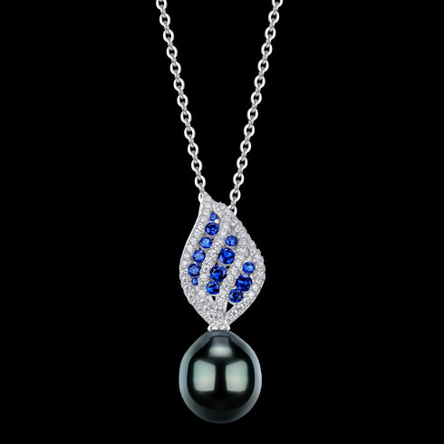 Sapphire Leaf Tahitian Black Pearl Pendant